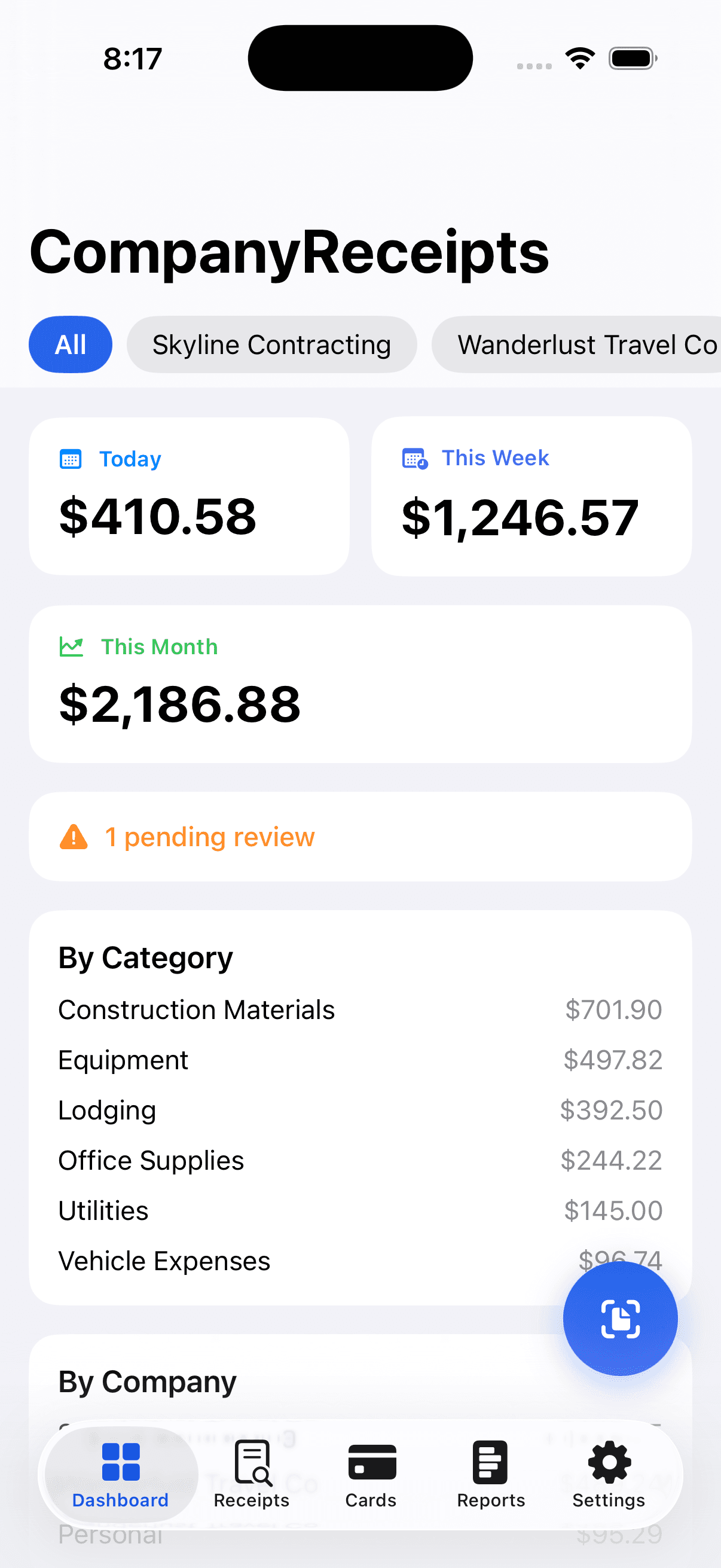 The CompanyReceipts app — month-to-date spend, category breakdown, and a review alert at a glance