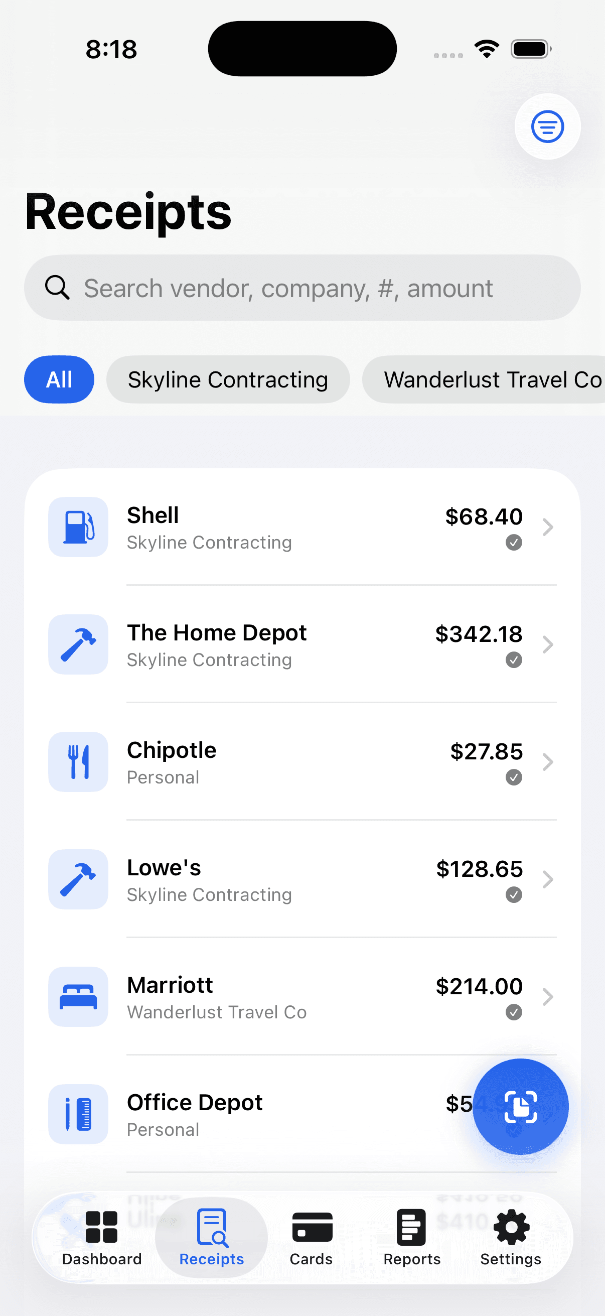 CompanyReceipts receipts list — each receipt tagged to the right business, with category icons and totals