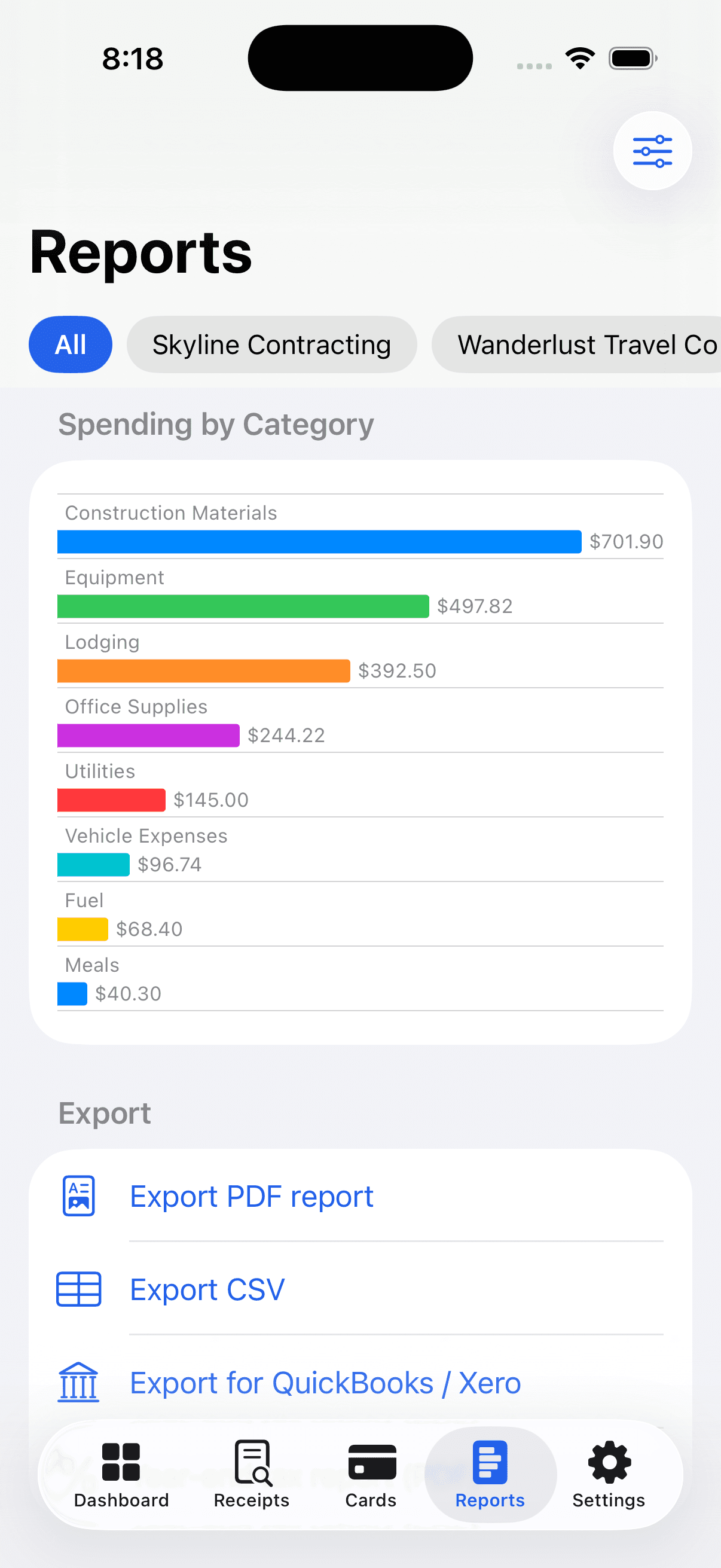 CompanyReceipts reports screen — spending by category and one-tap PDF, CSV, and QuickBooks exports